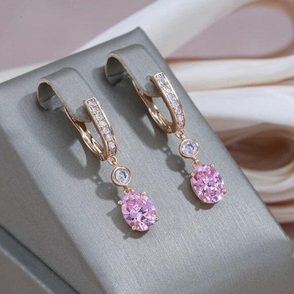 Rose Gold Plated Pink Zirconia Dangle Earrings - Picture 3 of 8